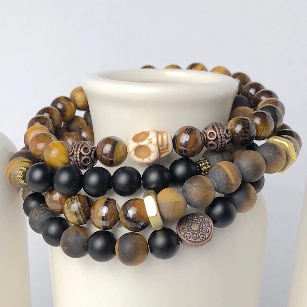 Mens Tiger Eye Onyx Skull Beaded Bracelet-947-50